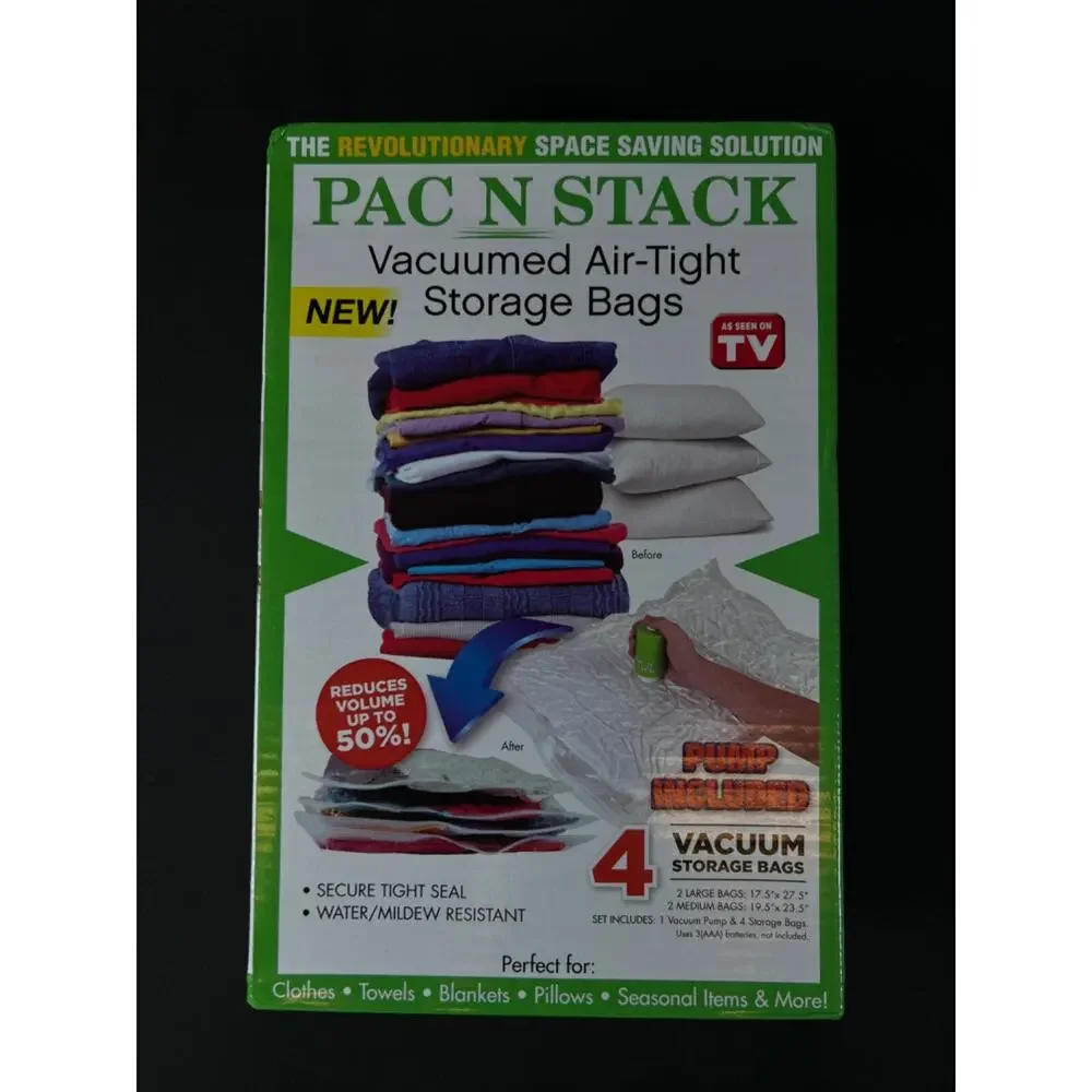 Pac N Stack 4-Pack Vacuumed Air-Tight Storage Bags With Pump, Clear, 2 Size Bags